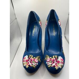 Shoe Republic LA Women's‎ Blue Suede Embroidered Chunky Heel Pumps Size 9